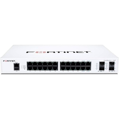 Fortinet FS-124F, 24x GE portu + 4x SFP + portu + 1x RJ45 konsolu ile performans / fiyat rekabetçi bir anahtar.